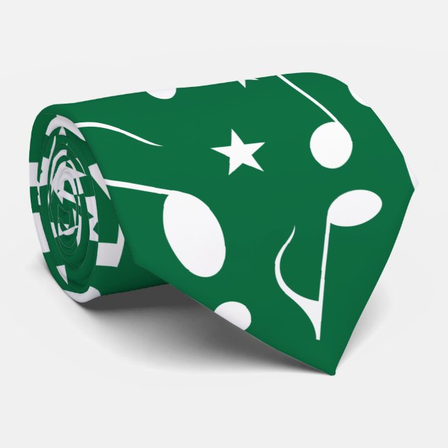 White Music Notes on Dark Green Tie (Rolled)