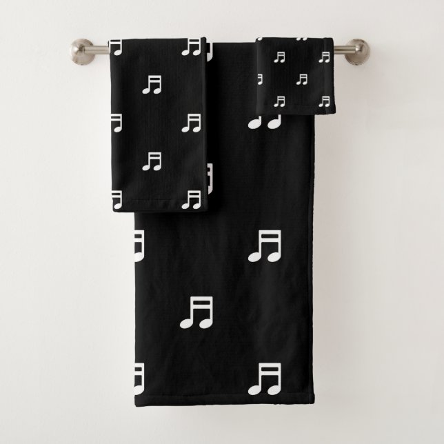 White Music Notes Pattern on Black Bath Towel Set (Insitu)