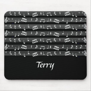 White musical notes on black mouse mat