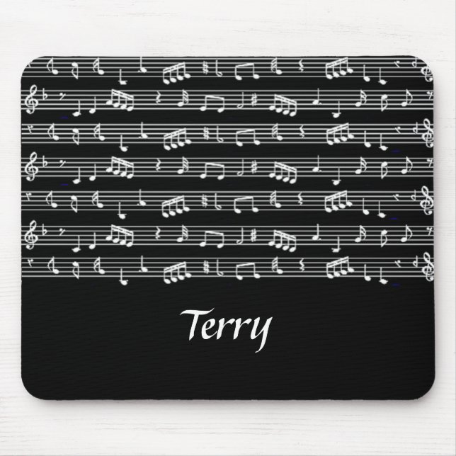 White musical notes on black mouse mat (Front)