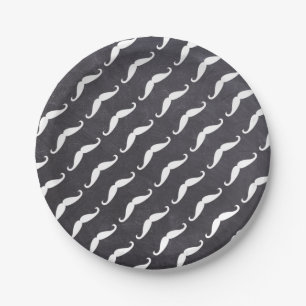 White Mustache Pattern on Chalkboard Little Man Paper Plate