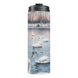 White mute swan on a lake. Watercolor paintingswan Thermal Tumbler