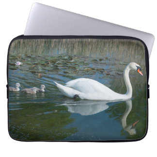 White mute swan with baby ducking cygnets lake laptop sleeve