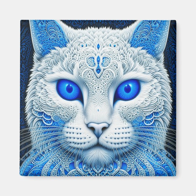 White Mystical Cat Ethereal AI Art Magnet (Front)