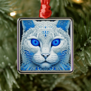 White Mystical Cat Ethereal AI Art Metal Tree Decoration