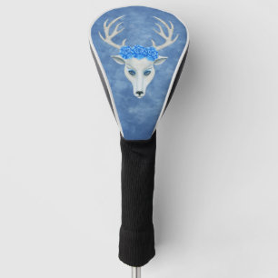 White Mystical Deer Head Roses Antlers on Blue Golf Head Cover