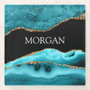 White Name, Black, Gold & Teal Agate Glass Coaster