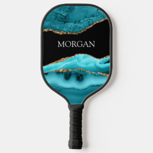 White Name, Black, Gold & Teal Agate Pickleball Paddle