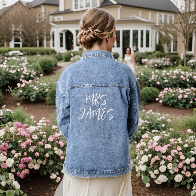 White Name Custom Mrs Typography On Blue Jeans Denim Jacket (Wedding Back)