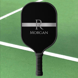White Name & Grey Monogram, Silver Bar on Black Pickleball Paddle