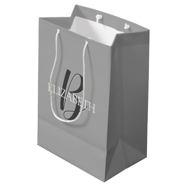 White Name & Large Black Monogram on Lt Grey Medium Gift Bag (Back Angled)