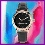 White Name Stylish Glam Rose Gold Black Band Wrist Watch<br><div class="desc">This elegant stylish glam rose gold wrist watch is decorated with a black background, black band, and personalised with your name. You can easily change the name and delete the white tick marks if desired. What a wonderful modern gift for her - a bridesmaid, maid of honour, graduation, mother's day,...</div>