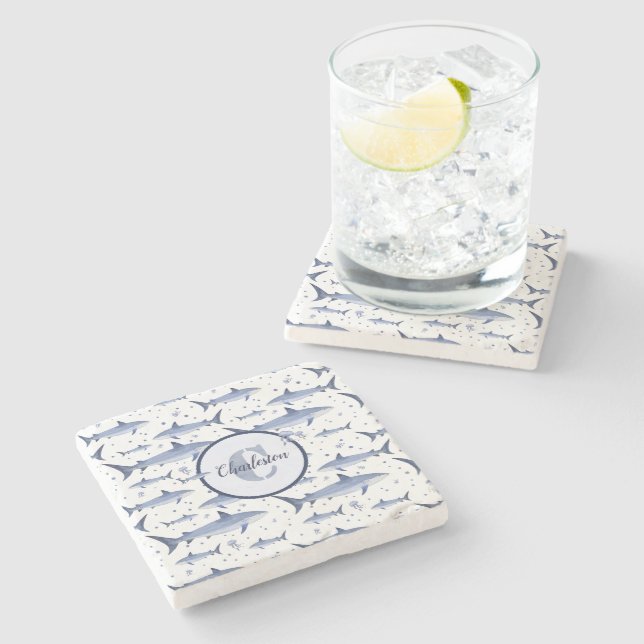 White| Name + Watercolor Monogram Shark Jellyfish Stone Coaster (Side)