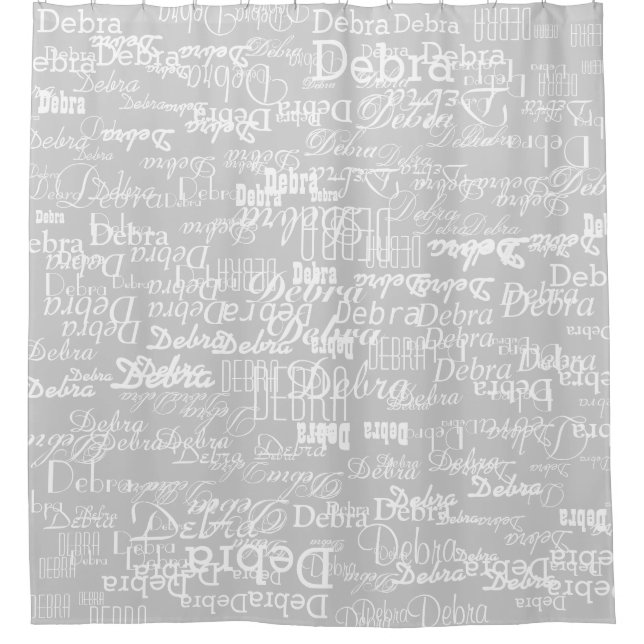 white names on pale grey personalised shower curtain (Front)