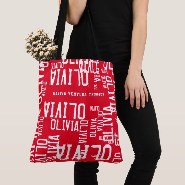 White Names printed all over Red Tote Bag (Close Up)