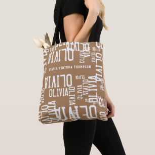 White Names Repeated all over Light Brown Tote Bag