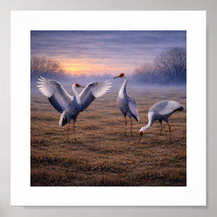 White-naped Cranes in a Winter Plain – Poster