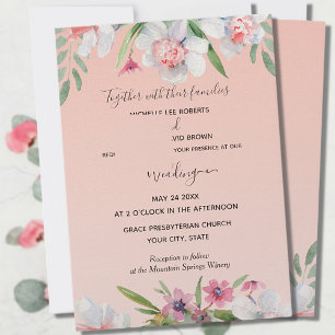 White Narcissus on Apricot Pink Floral Wedding Invitation