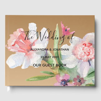 White Narcissus on Champagne Floral Wedding Guest Book