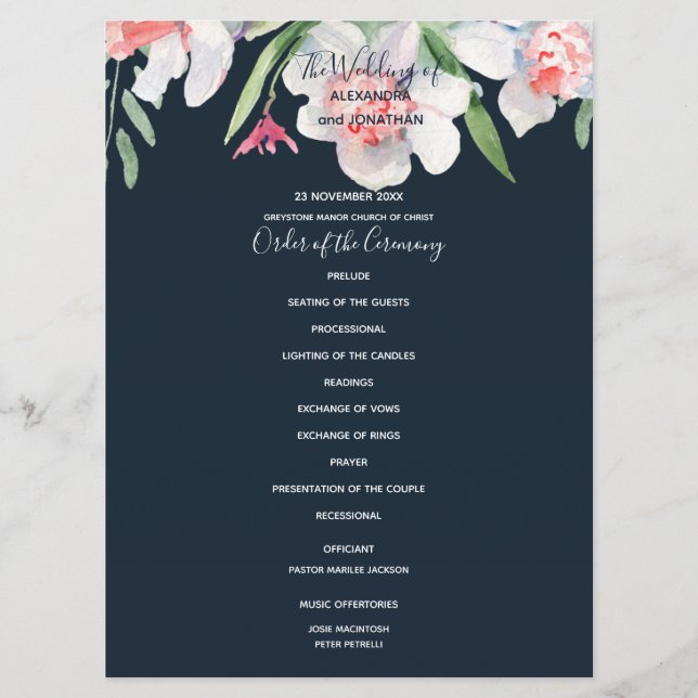 White Narcissus on Navy Wedding Program Programme (Front)