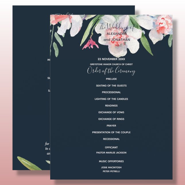 White Narcissus on Navy Wedding Program Programme (Creator Uploaded)