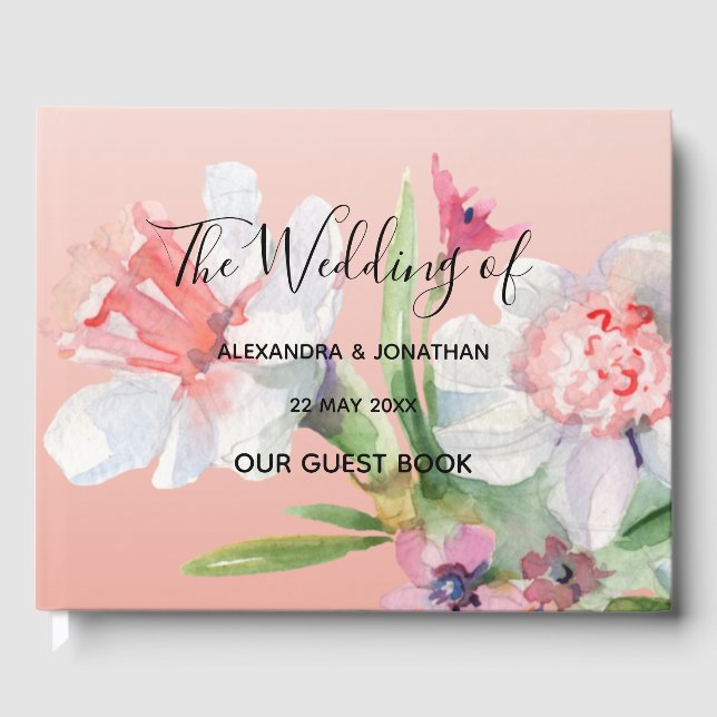 White Narcissus on Pink Floral Wedding Guest Book (Front)