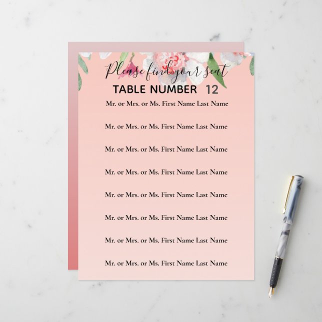 White Narcissus on Pink Wedding Seating Flyer (Front/Back In Situ)