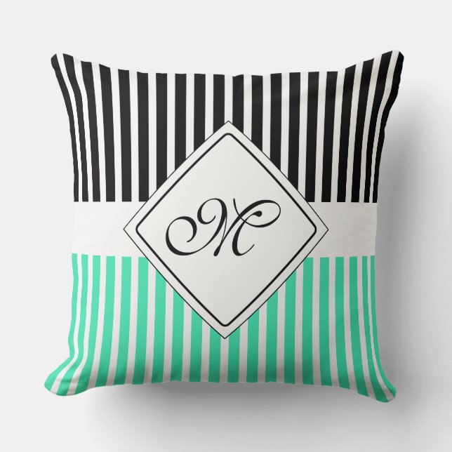 White Narrow Stripes + your back-colour & monogram Cushion (Front)