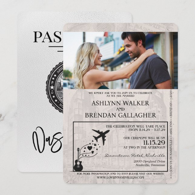 White Nashville Passport Wedding Invitation (Front/Back)