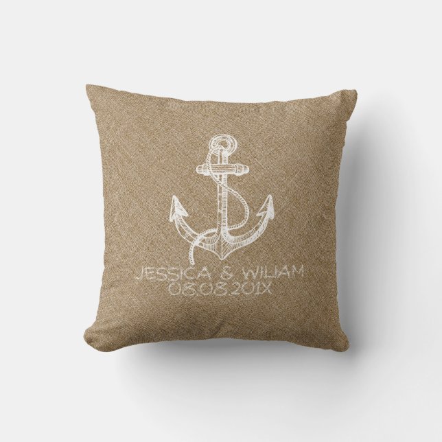 White Nautical Anchor Beige Linen Print Cushion (Front)