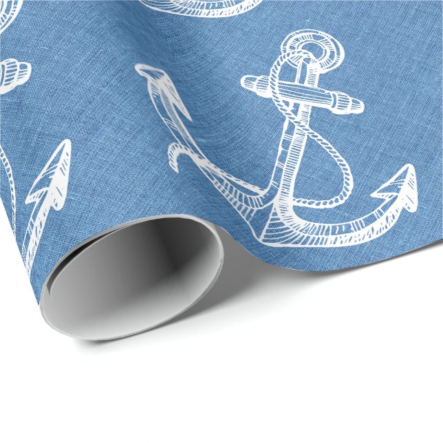 White Nautical Boat Anchor Blue Linen Wrapping Paper (Roll Corner)