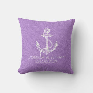 White Nautical Boat Anchor Purple Linen Print Cushion