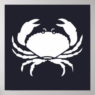 white nautical CRAB silhouette on navy blue Poster