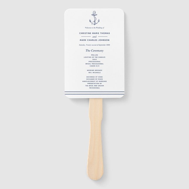 White Nautical Navy Anchor Sea Side Wedding Hand Fan (Front)
