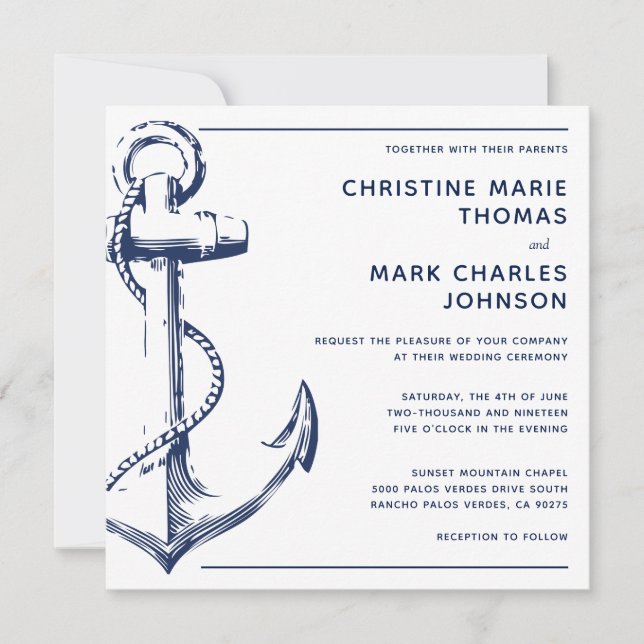 White Nautical Navy Ship Anchor Wedding Invitation (Front)