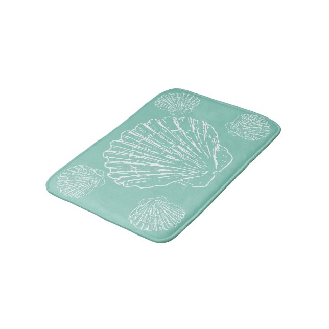 White Nautical Seashell On Seafoam Green Bath Mat (Angled)