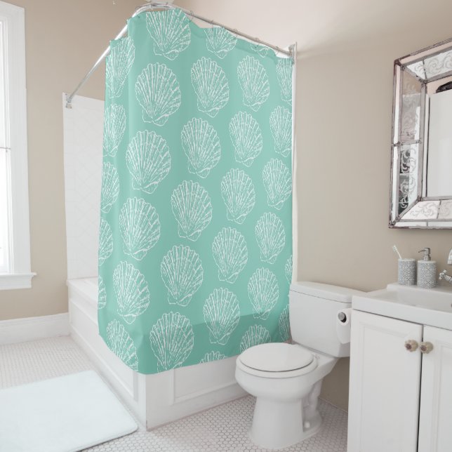 White Nautical Seashell On Seafoam Green Shower Cu Curtain (In Situ)