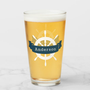 White Nautical Ship Helm & Navy Ribbon Family Name Glass