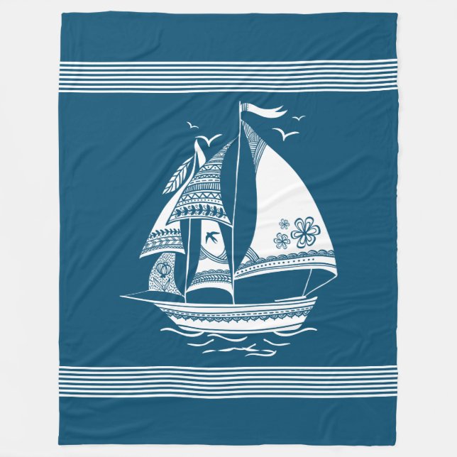 White nautical wind-sailing tribal boat illustrat fleece blanket (Front)