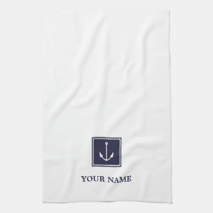 White Navy Blue Anchor Personalised Kitchen Towels