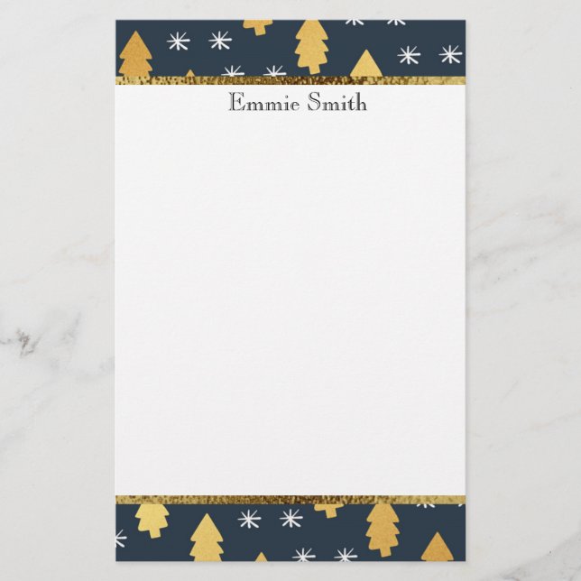 White Navy Blue and Gold Christmas Tree Stationery (Front)