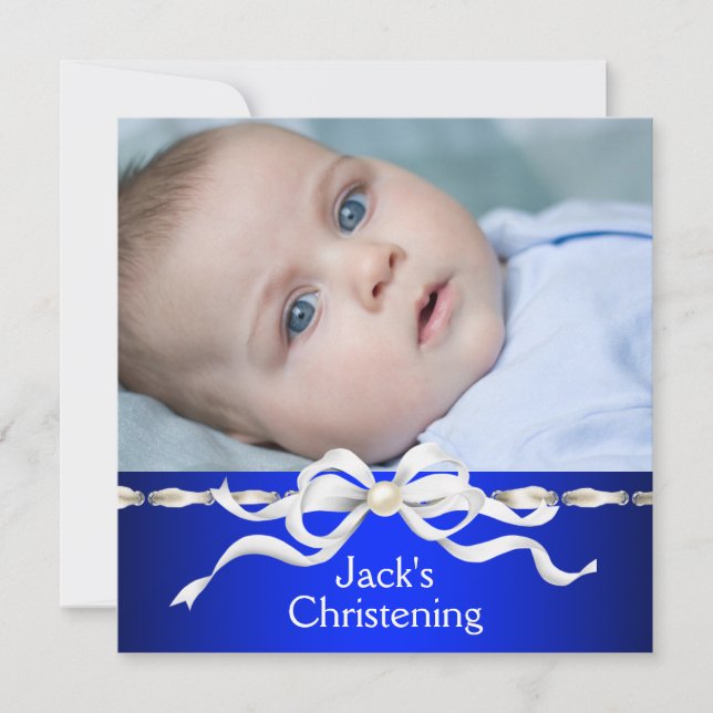 White Navy Blue Baby Boy Photo Christening Invitation (Front)