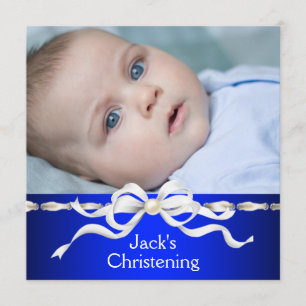 White Navy Blue Baby Boy Photo Christening Invitation