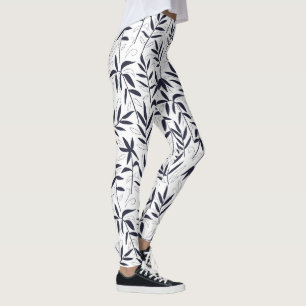 White & navy-blue bamboo leaves Japanese pattern 2 Leggings