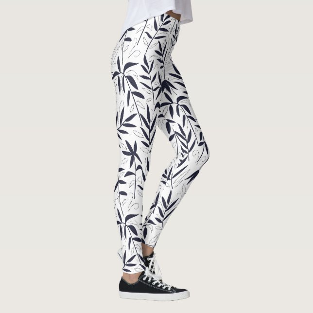 White & navy-blue bamboo leaves Japanese pattern 2 Leggings (Right)