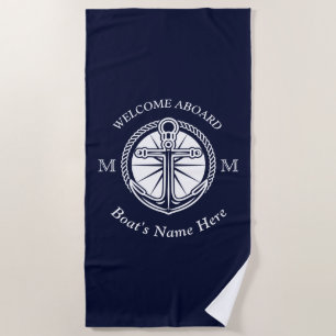 White Navy Blue Boat Name Anchor Welcome Aboard Beach Towel
