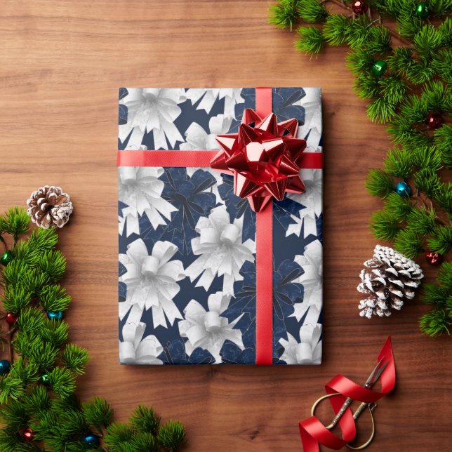 White Navy Blue Bows Holiday Wrapping Paper (Holiday Gift)
