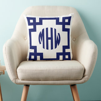 White Navy Blue Circle Monogram Greek Key DIY BG Cushion