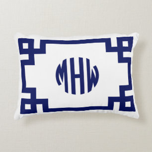 White Navy Blue Circle Monogram Greek Key DIY BG Decorative Cushion