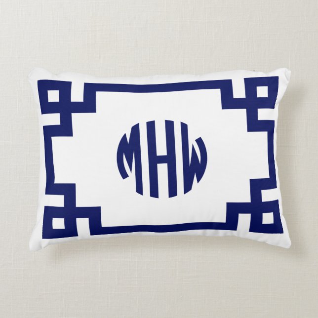 White Navy Blue Circle Monogram Greek Key DIY BG Decorative Cushion (Front)